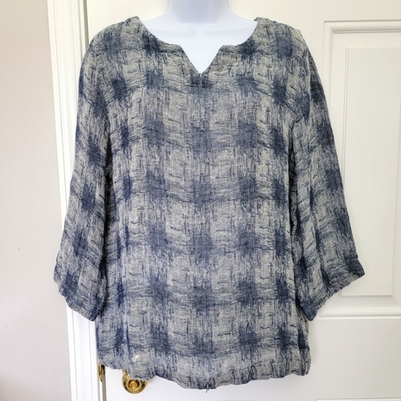 J. Jill Pure Jill Medium Gray Blue Split Neck 3/4 Sleeve Linen Blend Knit Top - Picture 1 of 10